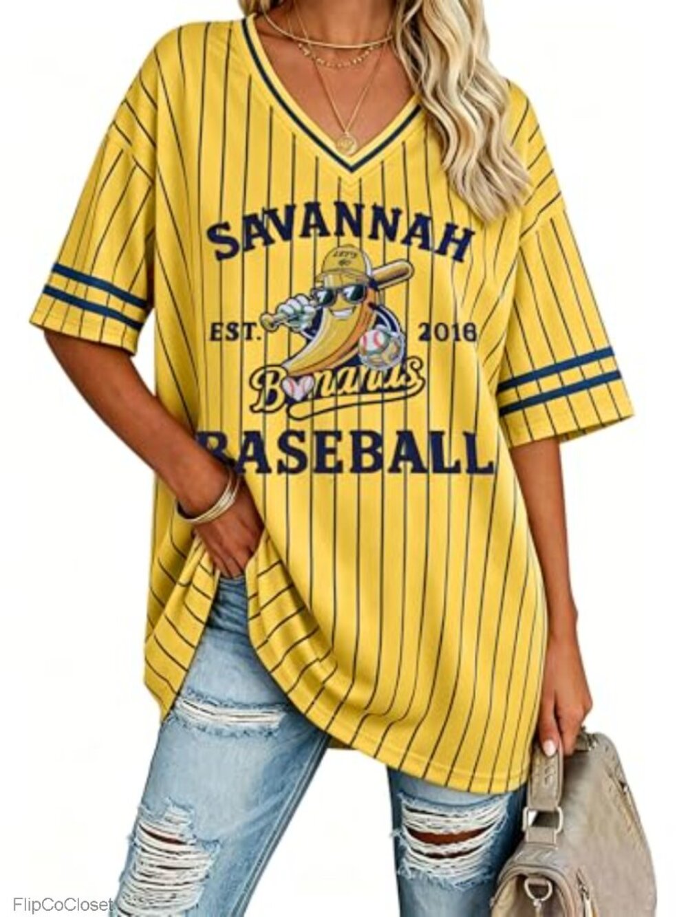 Women Baseball Jersey V Neck Striped Short Sleeve Banana Graphic Tee
